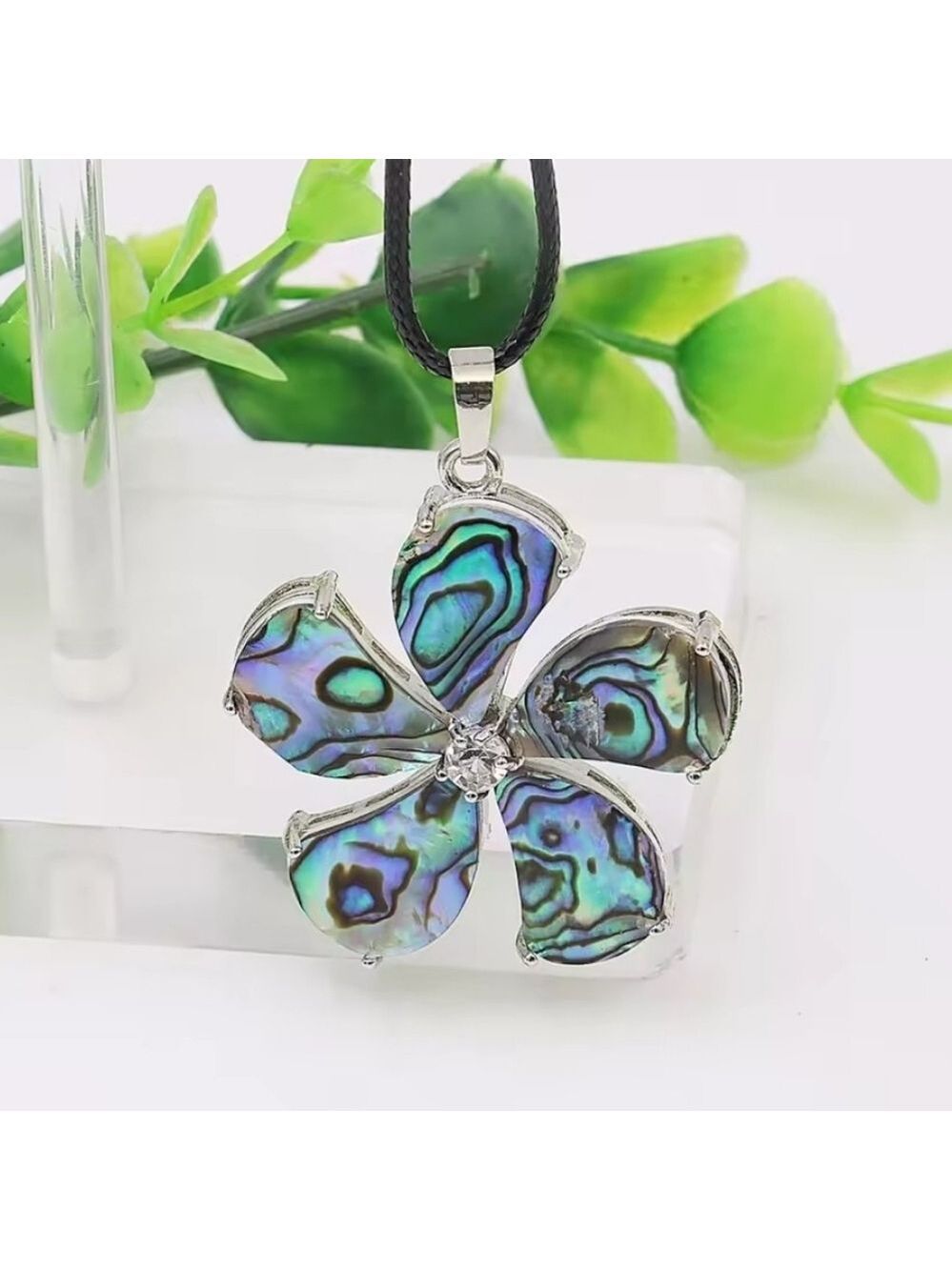 NATURAL Multi-color Abalone Shell Flower Shaped Pendant With Rhinestone - Picture 2 of 7